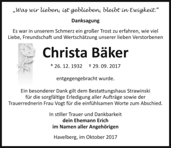 Traueranzeige von Christa Bäker  von Magdeburger Volksstimme