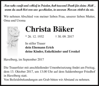 Traueranzeige von Christa Bäker  von Magdeburger Volksstimme