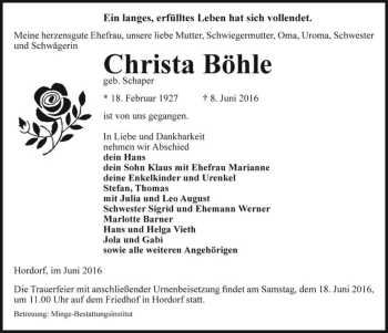 Traueranzeige von Christa Böhle (geb. Schaper)  von Magdeburger Volksstimme
