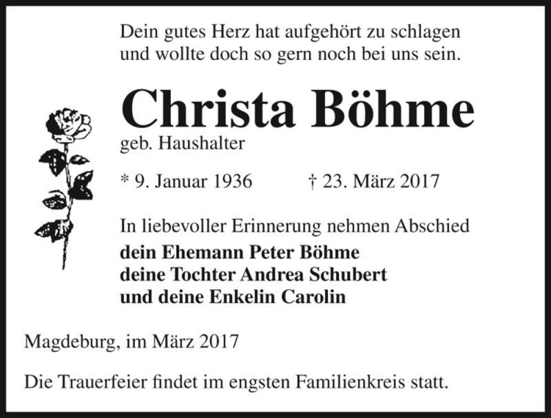  Traueranzeige für Christa Böhme (geb. Haushalter)  vom 31.03.2017 aus Magdeburger Volksstimme