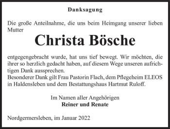 Traueranzeige von Christa Bösche  von Magdeburger Volksstimme