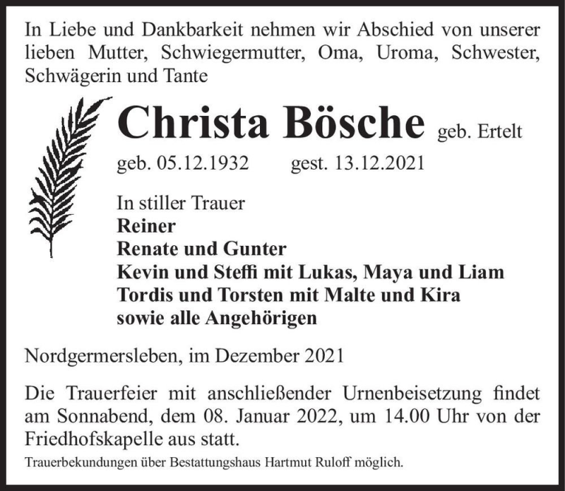  Traueranzeige für Christa Bösche (geb. Ertelt)  vom 18.12.2021 aus Magdeburger Volksstimme