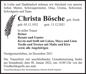 Traueranzeige von Christa Bösche (geb. Ertelt)  von Magdeburger Volksstimme