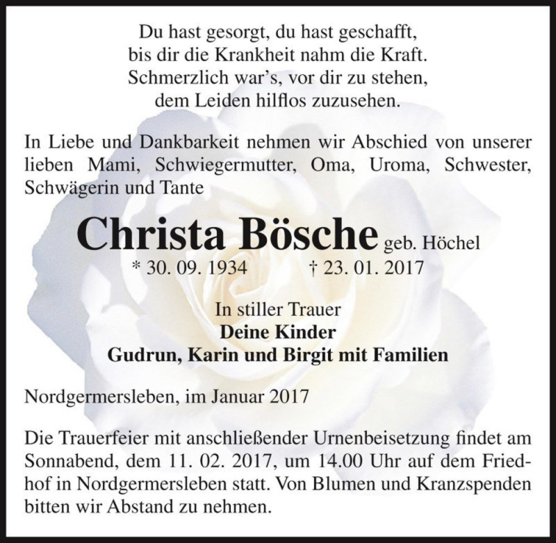  Traueranzeige für Christa Bösche (geb. Höchel)  vom 28.01.2017 aus Magdeburger Volksstimme