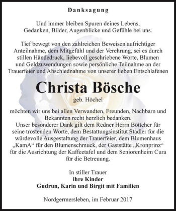 Traueranzeige von Christa Bösche (geb. Höchel)  von Magdeburger Volksstimme