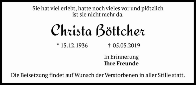  Traueranzeige für Christa Böttcher  vom 18.05.2019 aus Magdeburger Volksstimme