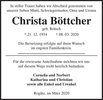 Traueranzeige von Christa Böttcher (geb. Brüsch)  von Magdeburger Volksstimme