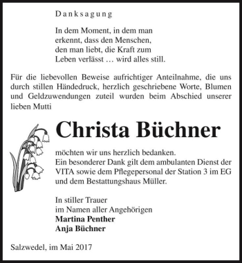 Traueranzeige von Christa Büchner  von Magdeburger Volksstimme