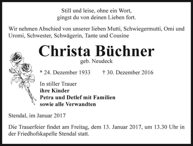  Traueranzeige für Christa Büchner (geb. Neudeck)  vom 07.01.2017 aus Magdeburger Volksstimme