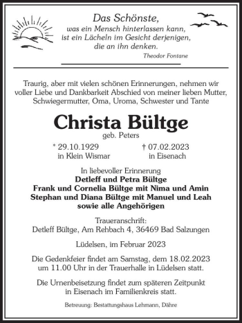 Traueranzeige von Christa Bültge (geb. Peters)  von Magdeburger Volksstimme