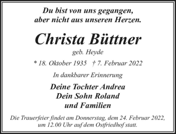 Traueranzeige von Christa Büttner (geb. Heyde)  von Magdeburger Volksstimme
