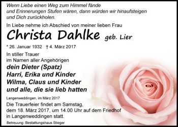 Traueranzeige von Christa Dahlke (geb. Lier)  von Magdeburger Volksstimme