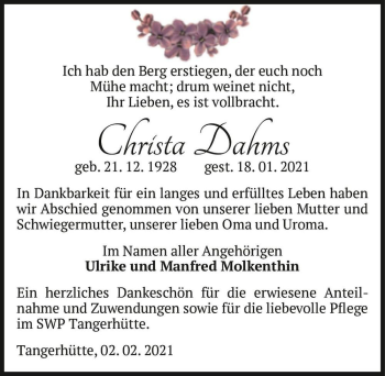 Traueranzeige von Christa Dahms  von Magdeburger Volksstimme