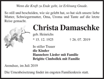 Traueranzeige von Christa Damaschke (geb. Heinrichs)  von Magdeburger Volksstimme