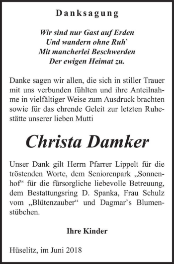 Traueranzeige von Christa Damker  von Magdeburger Volksstimme