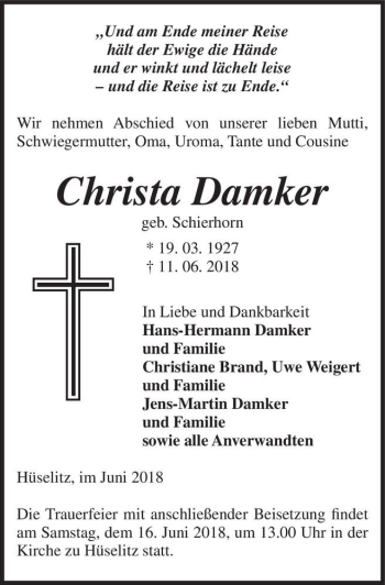 Traueranzeige von Christa Damker (geb. Schierhorn)  von Magdeburger Volksstimme