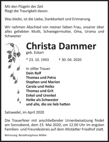 Traueranzeige von Christa Dammer (geb. Eckart)  von Magdeburger Volksstimme