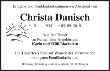 Traueranzeige von Christa Danisch  von Magdeburger Volksstimme