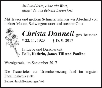 Traueranzeige von Christa Danneil (geb. Brunotte)  von Magdeburger Volksstimme