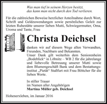 Traueranzeige von Christa Deichsel  von Magdeburger Volksstimme