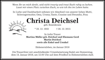 Traueranzeige von Christa Deichsel (geb. Rosenkranz)  von Magdeburger Volksstimme