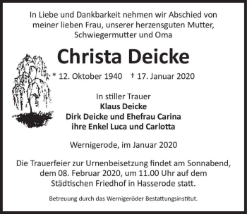 Traueranzeige von Christa Deicke  von Magdeburger Volksstimme