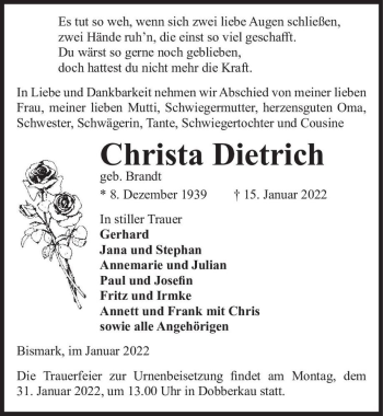 Traueranzeige von Christa Dietrich (geb. Brandt)  von Magdeburger Volksstimme