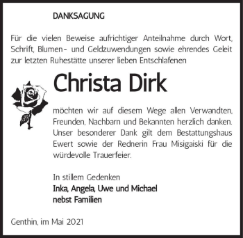 Traueranzeige von Christa Dirk  von Magdeburger Volksstimme