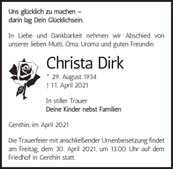 Traueranzeige von Christa Dirk  von Magdeburger Volksstimme
