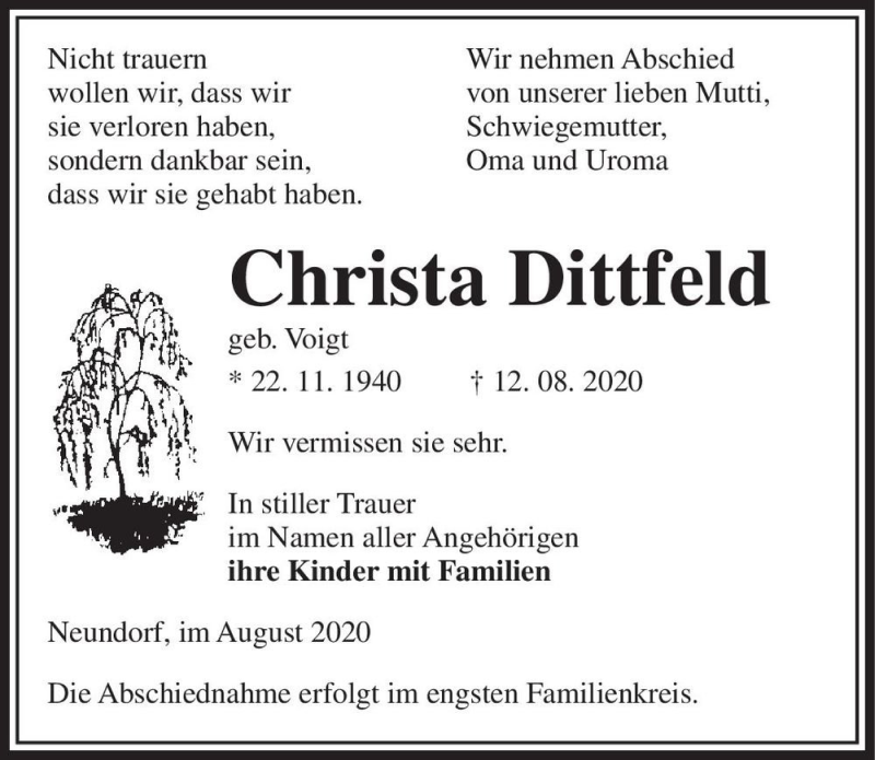  Traueranzeige für Christa Dittfeld (geb. Voigt)  vom 22.08.2020 aus Magdeburger Volksstimme