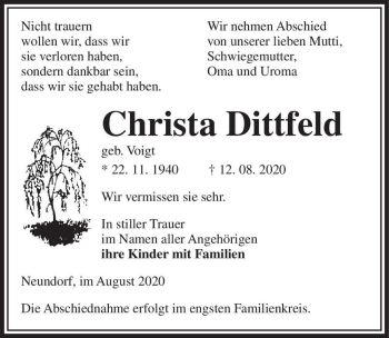 Traueranzeige von Christa Dittfeld (geb. Voigt)  von Magdeburger Volksstimme