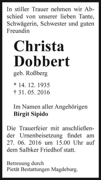 Traueranzeige von Christa Dobbert (geb. Roßberg)  von Magdeburger Volksstimme