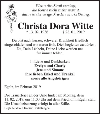 Traueranzeige von Christa Dora Witte  von Magdeburger Volksstimme