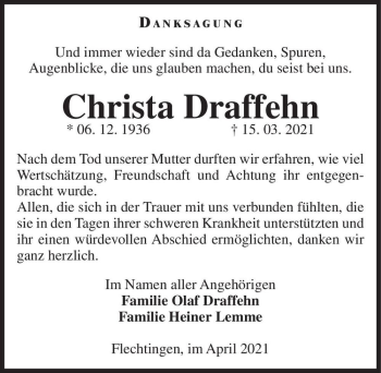 Traueranzeige von Christa Draffehn  von Magdeburger Volksstimme