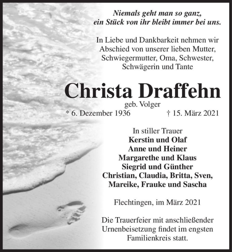  Traueranzeige für Christa Draffehn (geb. Volger)  vom 17.03.2021 aus Magdeburger Volksstimme