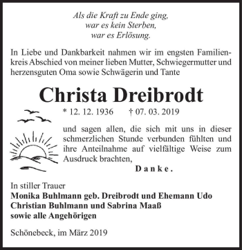 Traueranzeige von Christa Dreibrodt  von Magdeburger Volksstimme