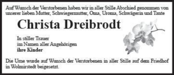 Traueranzeige von Christa Dreibrodt  von Magdeburger Volksstimme