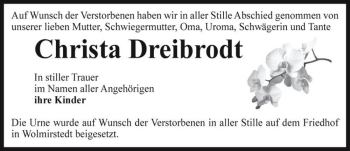 Traueranzeige von Christa Dreibrodt  von Magdeburger Volksstimme