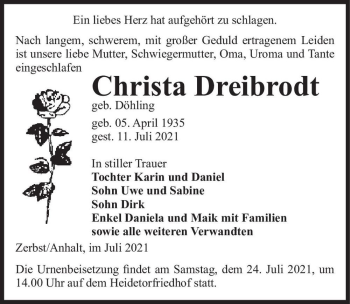 Traueranzeige von Christa Dreibrodt (geb. Döhling)  von Magdeburger Volksstimme