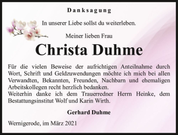 Traueranzeige von Christa Duhme  von Magdeburger Volksstimme