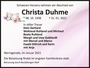 Traueranzeige von Christa Duhme  von Magdeburger Volksstimme