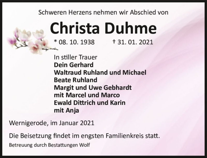  Traueranzeige für Christa Duhme  vom 06.02.2021 aus Magdeburger Volksstimme