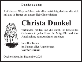Traueranzeige von Christa Dunkel  von Magdeburger Volksstimme