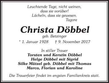 Traueranzeige von Christa Döbbel (geb. Betzinger)  von Magdeburger Volksstimme