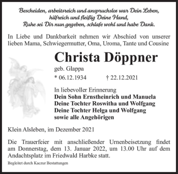 Traueranzeige von Christa Döppner (geb. Glappa)  von Magdeburger Volksstimme