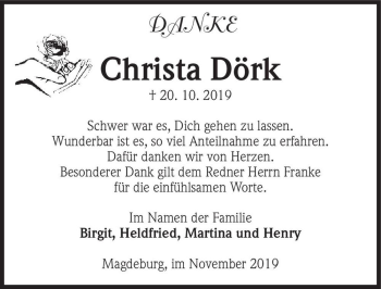 Traueranzeige von Christa Dörk  von Magdeburger Volksstimme