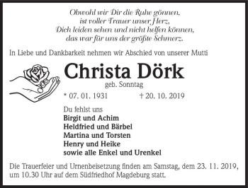 Traueranzeige von Christa Dörk (geb. Sonntag)  von Magdeburger Volksstimme