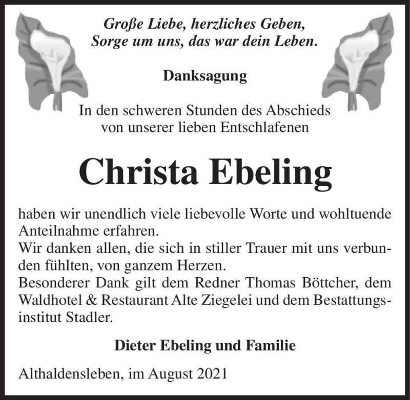  Traueranzeige für Christa Ebeling  vom 14.08.2021 aus Magdeburger Volksstimme