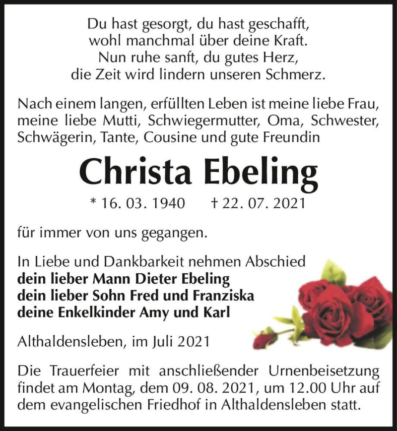  Traueranzeige für Christa Ebeling  vom 31.07.2021 aus Magdeburger Volksstimme