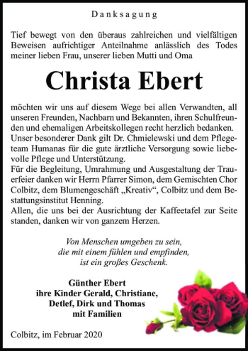 Traueranzeige von Christa Ebert  von Magdeburger Volksstimme